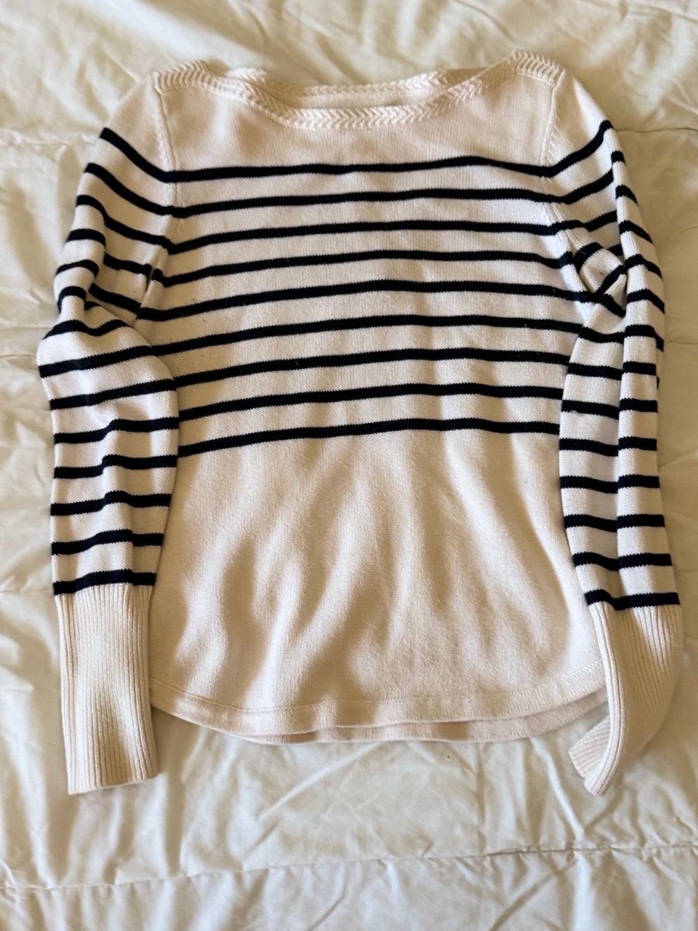 LOFT Cream and Black Striped Boatneck Sweater